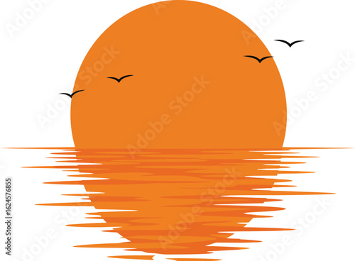 Stylized orange sun setting over rippling water with birds flying isolated on transparent background