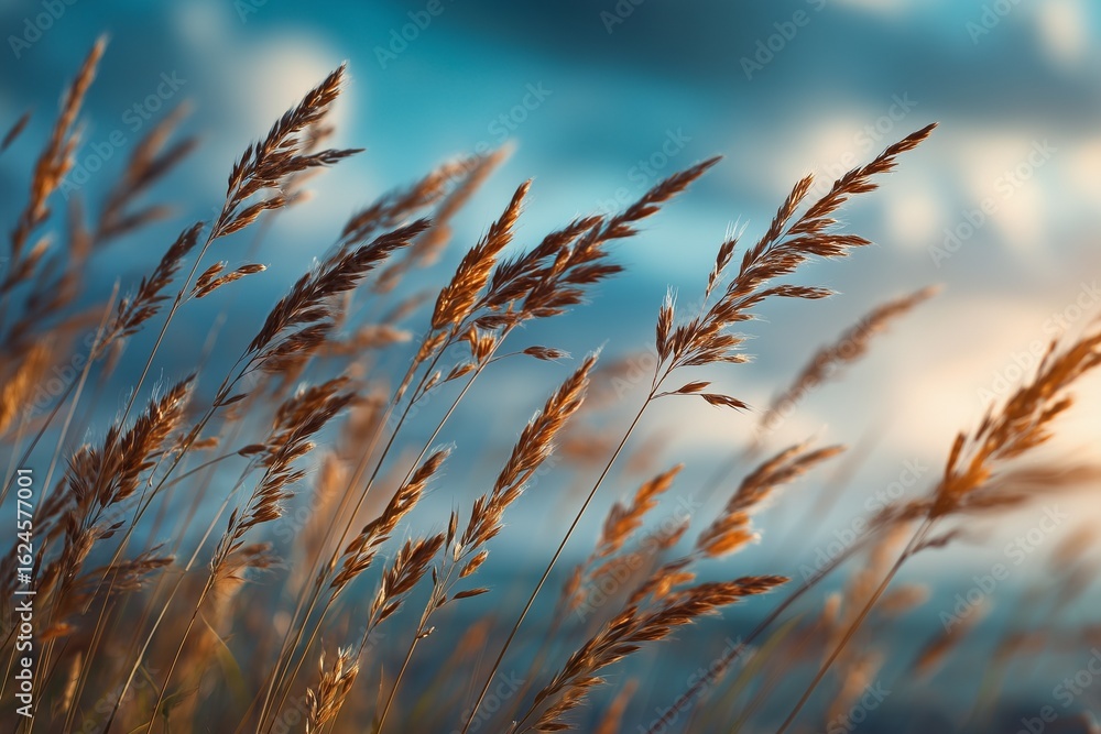Obraz premium Dreamy blurred background of tall grasses swaying beneath a soft sunset sky, with ethereal blue and white tones creating a peaceful and atmospheric natural scene