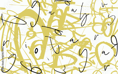 yellow-black seamless pattern with abstract tags, letters without meaning. Fashion hand drawing texture, street art retro style, old school design for Tees, textile.eps8