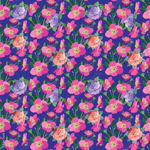 Flat vector pink sakura cherry blossoms seamless pattern texture purple background.