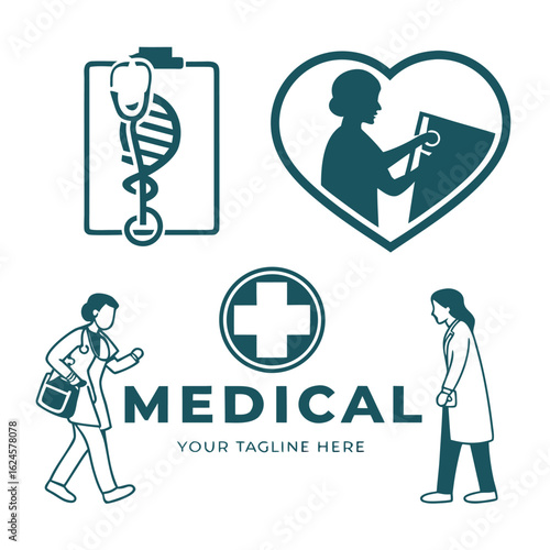 Six teal medical logo concepts with stethoscope D N A heart cross and doctors healthcare