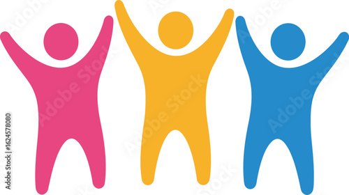 Three colorful abstract figures with raised arms celebrating together isolated on transparent background