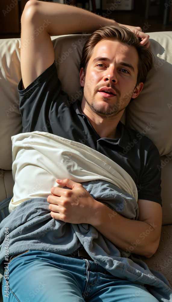 Obraz premium Young man lying on couch with closed eyes and relaxed expression - Concept of World Mental Health Day 