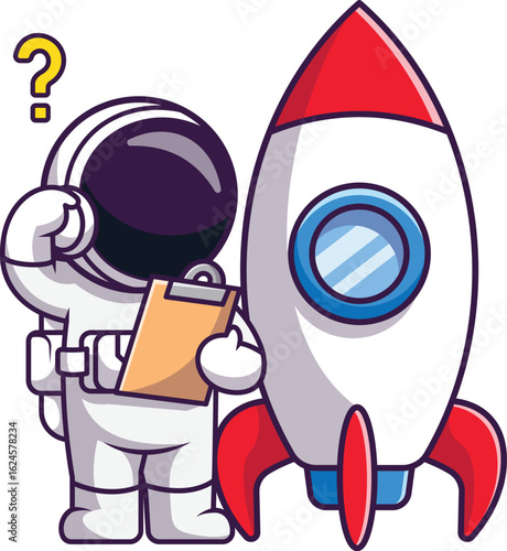Cartoon astronaut scratching his head, holding a clipboard, standing next to a red and white rocket ship