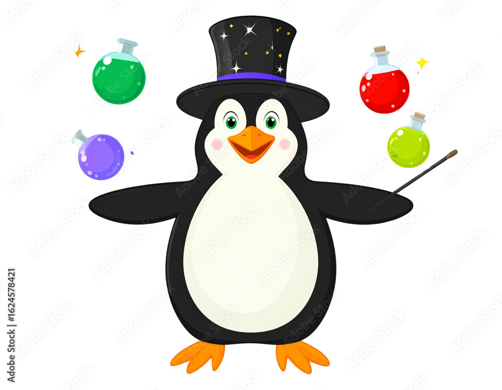 Obraz premium Playful Penguin Wizard Juggling Magical Potions and Wand – Transparent PNG