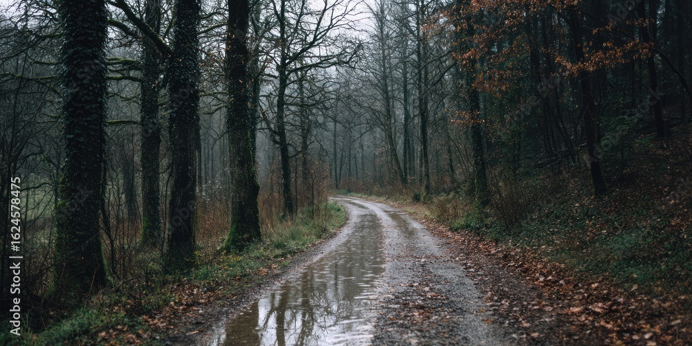 Fototapeta premium Damp, quiet forest at the edge of the countryside in the rain