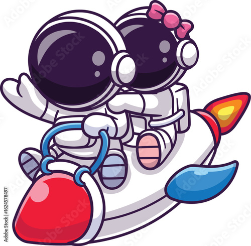 Two adorable cartoon astronauts riding a rocket through space with a bow adding a touch of whimsy and charm