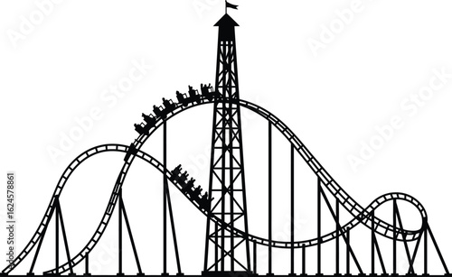Black and white illustration of a thrilling roller coaster with a tall tower and carts full of people isolated on transparent background