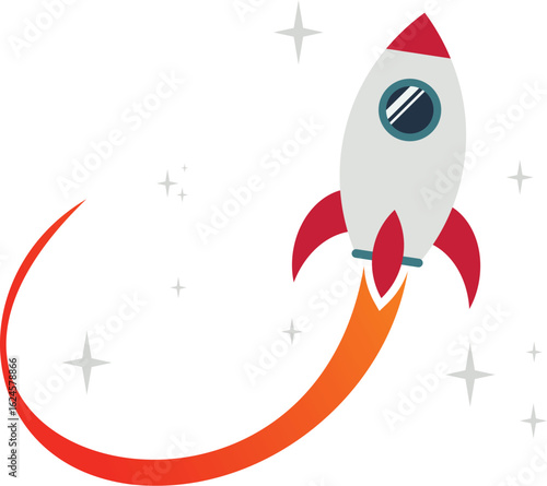 Vector illustration of a whimsical rocket ship soaring through a star-studded sky, leaving a fiery trail
