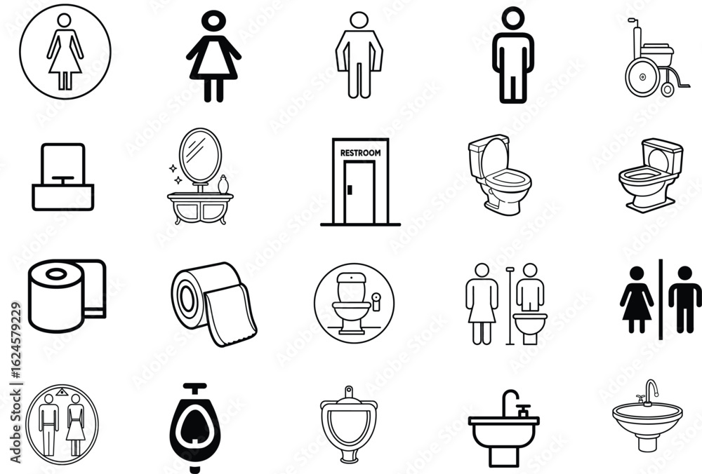 Standard Restroom and Toilet Icon Set for Male Female Unisex and Washroom Signage Designs, Toilet Icons, Restroom Symbols, Washroom Pictograms, Bathroom Sign Icons Standard Restroom and Toilet Icon Set for Male Female Unisex and Washroom Signage Designs, Toilet Icons, Restroom Symbols, Washroom Pictograms, Bathroom Sign Icons