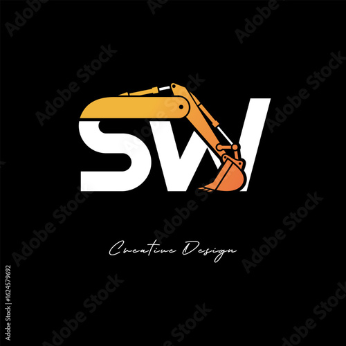 SW Excavator Arm Construction Logo - Bold Industrial Letter mark Design for Heavy Equipment, Contractor Branding & Modern Engineering Identity