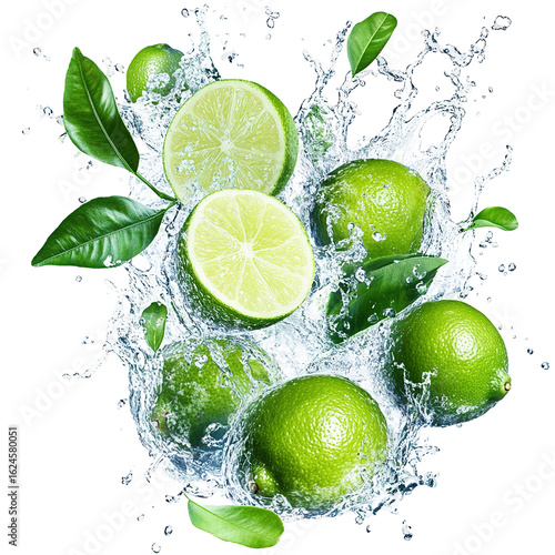 Lemonade explosion with vibrant yellow liquid, lemon slices, mint leaves, and bubbles