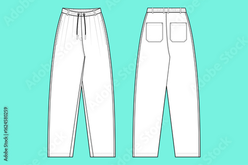 Unisex Baggy Trouser Pant Fashion Flat Sketch CAD Mockup Front and Back Views.