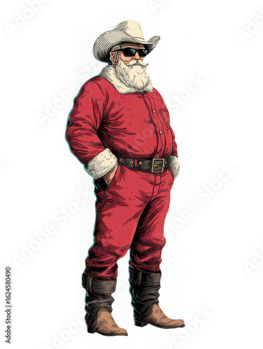 Santa Claus wearing cowboy hat, sunglasses, and boots, standing confidently with hands in pockets, festive and cheerful holiday mood, Christmas celebration, winter fashion style