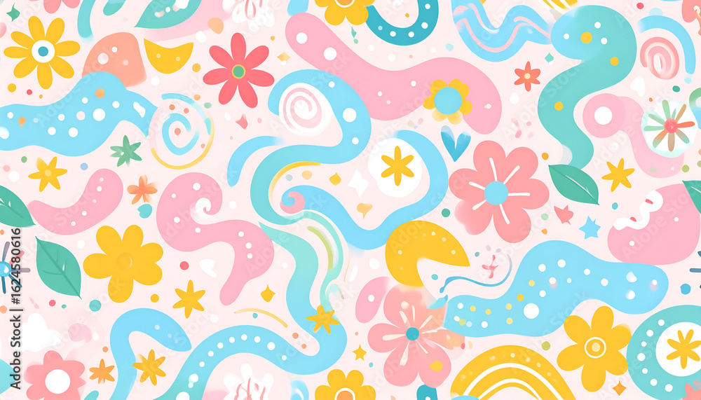 Obraz premium A Cheerful Pastel Dreamscape of Abstract Flowers and Wavy Shapes
