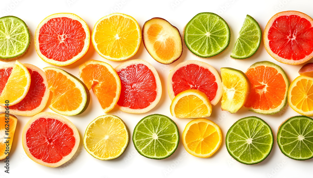 Fototapeta premium Abstract Arrangement of Mixed Fruit Slices in Minimalist Style Against White Background
