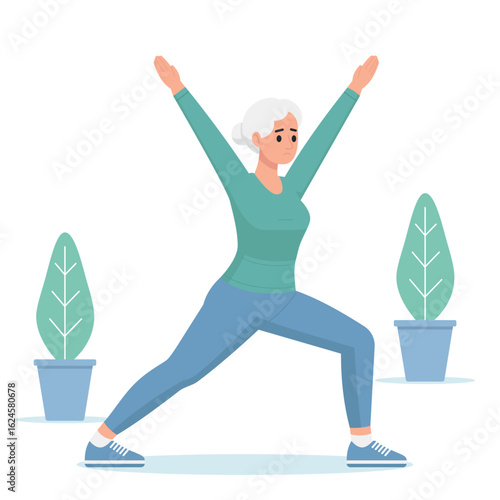 Older woman active doing stretch flat style illustration