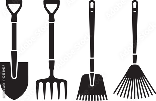 Set of four black silhouette garden tools on white background