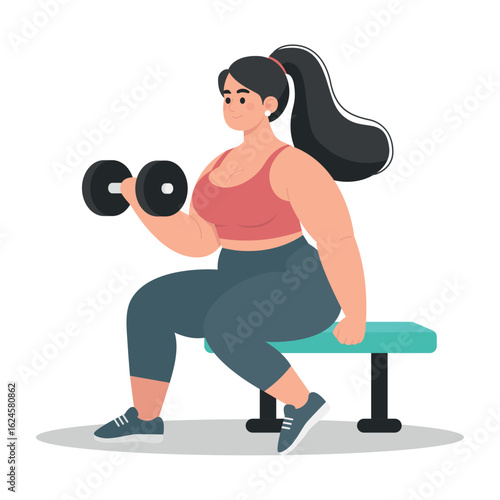 Active Plus Size woman lifting small dambbell in gym illustration