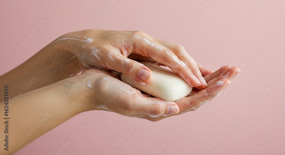 Naklejka premium Close-up of a person washing hands with a solid bar of soap under running water. Concept of personal hygiene and cleanliness.