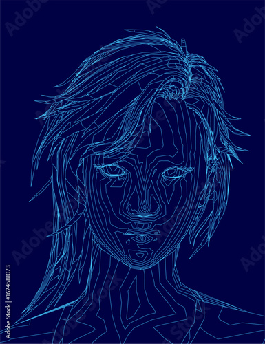 A blue line drawing of a woman's face on a dark blue background, featuring closed eyes and slightly parted lips. Her long wavy hair frames a peaceful expression.