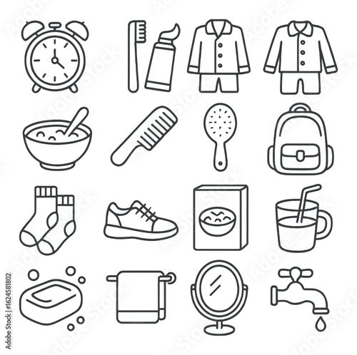 Daily routine icons: alarm, toothbrush, clothing, breakfast, hygiene, accessories