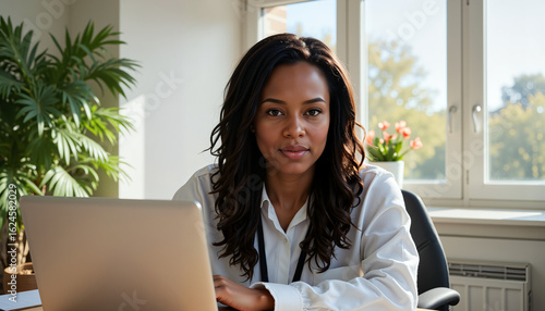 Young black woman attending online therapy session in well-lit room  for World Mental Health Day  