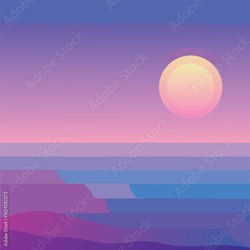 Stylized Sunset Over Calm Water With Purple and Blue Hues sunrise ocean