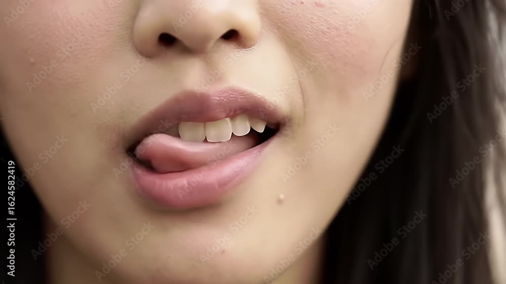 High Detailed Slow Motion Shot of A Woman's Lips Featuring Natural Pink Color and Gently Protruding Tongue in a Sensual Close-Up Shot With Skin's Natural Texture And Color Tones Optimized for Beauty High Detailed Slow Motion Shot of A Woman's Lips Featuring Natural Pink Color and Gently Protruding Tongue in a Sensual Close-Up Shot With Skin's Natural Texture And Color Tones Optimized for Beauty