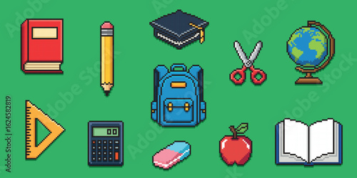 Set of school supplies icons in pixel art style, objects, 8 bit, on green background