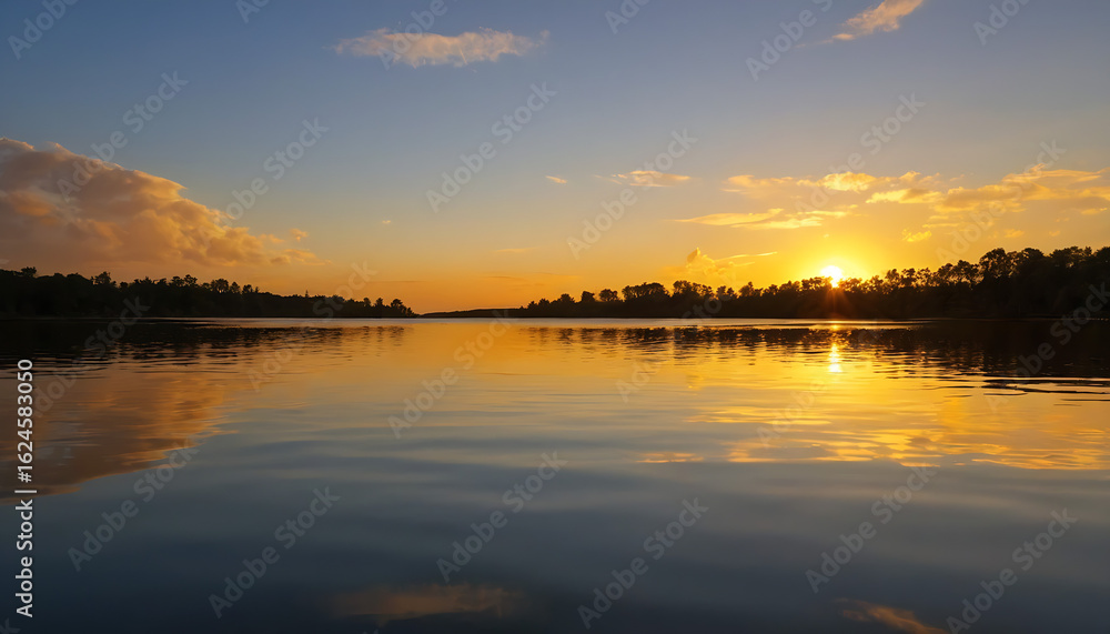 Obraz premium Golden Sunset Reflected on Calm Lake Water.