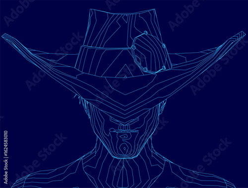 A rugged man in a cowboy hat stands against a blue background, wearing a long-sleeved shirt with a determined expression. His slicked-back hair and focused gaze add intensity to the scene, evoking a.