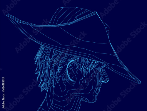 A man wearing a stylish hat stands against a clean blue background, emphasizing his silhouette. The contour of his profile is sharply defined, creating a striking visual contrast.