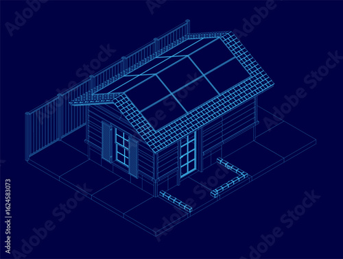 House blueprint displayed as a wireframe on a solid blue background, featuring detailed architectural elements and structural layout. The clean lines and technical design highlight the building's.