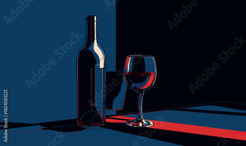 Stylized Red Wine Bottle and Glass Vector Illustration