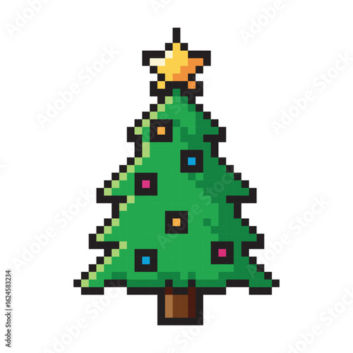 Pixel Christmas tree with garlands 8 bits Happy New Year stock illustration.
