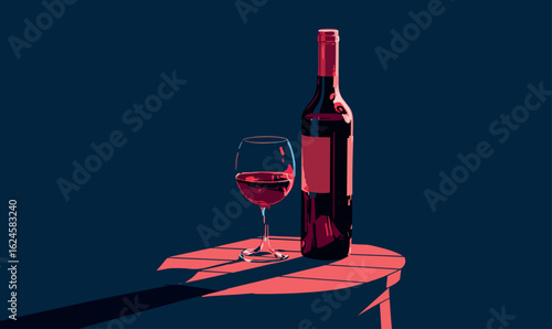 Stylized Red Wine Bottle and Glass Vector Illustration