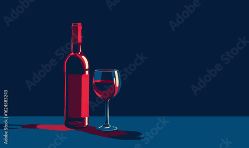 Stylized Red Wine Bottle and Glass Vector Illustration