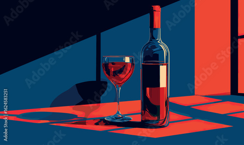 Stylized Red Wine Bottle and Glass Vector Illustration