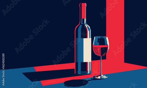 Stylized Red Wine Bottle and Glass Vector Illustration