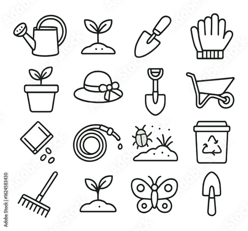Gardening icons set: tools, plants, insects, and recycling symbols