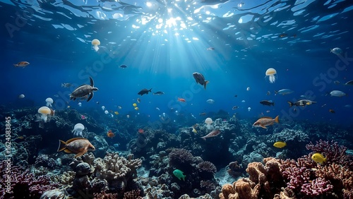 Wallpaper Mural Underwater fish scene with tropical coral reef sea turtles glowing jellyfish bubbles ocean sunlight deep sea marine background fantasy style Torontodigital.ca