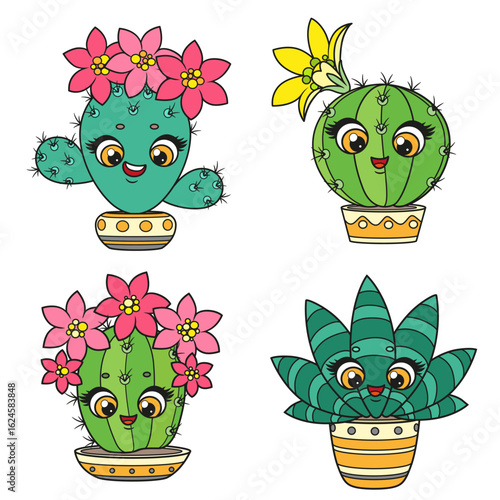 Cute cartoon different blooming cacti with flowers in a pots set on white background
