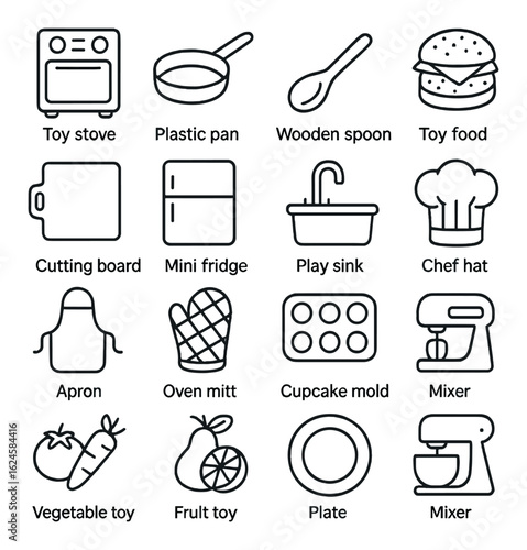 Toy kitchen set components including stove, pan, spoon, sink, and food