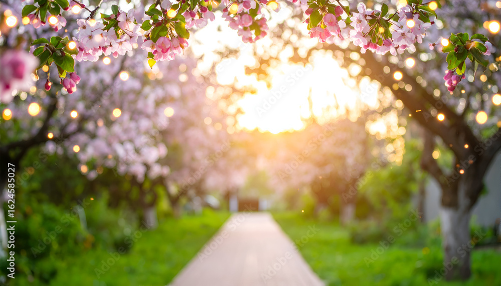 Naklejka premium Dreamy Orchard Path Framed by Pink Blossoms and Golden Sunset Bokeh