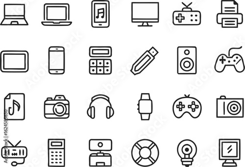 Collection of 35 black outline icons of electronic devices and technology symbols laptop