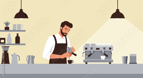 Barista pours espresso; coffeeshop interior with shelving, drinks making. Illustration