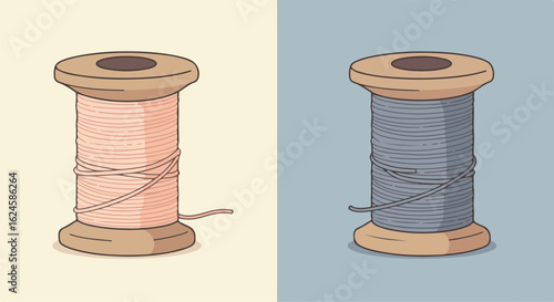 Two spools of thread, one pink, one grey, on a split colored backdrop for sewing