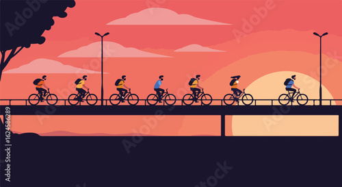People cycling on a bridge with sunset background for travel or commuting use