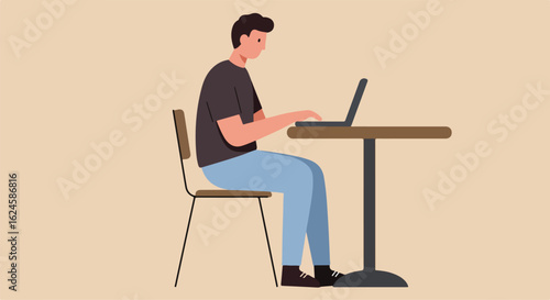 Man sitting at table with laptop. Minimalist illustration for business